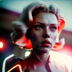 Ultra Realistic retro sci-fi movie burst Supermarket parking scene, 1960 year, waist up view portrait, blonde woman, sweet scarlet Johansson face, perfect iris, glow eyes, face makeup, tight latex coat; many panic people looking, Retro sci-fi style, soft color, highly detailed, unreal engine 5, ray tracing, RTX, lumen lighting, ultra detail, volumetric lighting, 3d, finely drawn, high definition, high resolution.