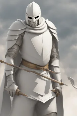 Knight wearing white chainmail armor and white cape with white face mask, holding a spear
