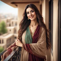 Hyper Realistic Photographic-Outside-View of Beautiful Happy Young Pashto Woman with having-Beautiful-left-eye-green-&-right-blue-eye & long-dark-brown-hair wearing beige-dress-with-maroon-dress-with-black-shawl standing on balcony showing dramatic & cinematic ambiance.