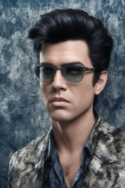 Elvis Presley, Billy Idol Hybrid, 4k UHD, photorealistic, ((big, full, plump, pouty lips:1.5)) black hair, big cat-eye eyeglasses, dark blue foggy gradated marble wall background, extremely detailed skin texture,