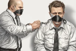 portrait of a journalist, tape over mouth, arrested in handcuffs; photorealistic, HD