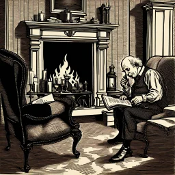 A pleasant and charming scene of a 70-year-old man in the Victorian period sitting on a wing chair next to the fireplace and reading The Times of London while enjoying a glass of wine on a winter evening. The man has a balding forehead and curly white hair. He wears black shoes and sits by the hearth on which candles are lit in candlesticks. On the wall hang paintings of an English countryside landscape. A boxer dog is napping on a carpet on the floor next to the woman. . The room is lit by th