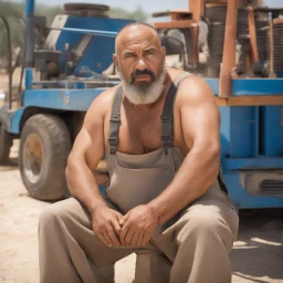 photography of a arab ugly burly serious wet sweaty, beefy strong fat carpenter, shirtless, in overall, bulge, manly chest, very hairy, big goatee 50 years old, short hair, sitting with open legs on a little chair , on a construction site in the middle of a road, under the August sun, emotional eyes, , hyper-realistic, photorealistic , frontal view from the ground