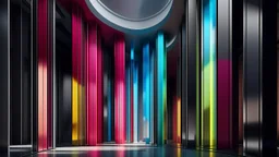 Una estructura utópica formada por volúmenes puros y perspectivas limpias, donde el color funciona como símbolo y la luz como idea; la escena transmite serenidad monumental y una extrañeza elegante propia de una arquitectura mental más que física.