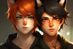 A young adult male with messy black hair, gold eyes, black cat ears, realistic, slight smile with A young adult female with short red hair, dark green eyes, large orange fox ears on top of her head, slight smile, pale skin, realistic