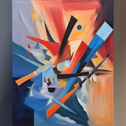 A painting consisting of abstract shapes in three different colors. Brush Strokes. Sloppy, non-realistic. 3 dimensional. Depth. three dimensional