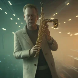 A portrait of a man playing saxophone, blade runner, kiefer sutherland, sebastian vettel, low key lighting, volumetric light, digital art, highly detailed, fine detail, intricate, ornate, complex, octane render, unreal engine, photorealistic