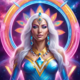 full body photorealistic portrait of a gorgeous smiling amazonian spiritual goddess with long parma white hair, tight hips with a tron like body suit tribute to the galaxy in a cosmic surounding only blue , pink and yellow, crystal jewels