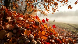 Autumn: falling leaves, chestnuts, acorns, berries, Misty mornings, fog over distant fields or forests, sunshine; people wear scarves, woolly hats, gloves, warm drinks; birds migrating, squirrels gathering nuts, rabbits, beautiful colours, atmospheric. Award winning photograph.