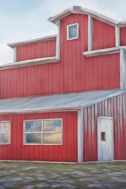video game art of a red barn with a blue sky and the sun and clouds