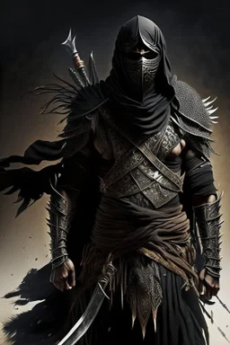 Arab warrior Full Body Full Armored Wearing Face Masculine Mysterious Powerful Fantasy High Quality with his bow black clothes his soldiers behind him