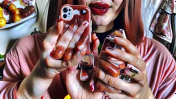 lady with with sausages as hands getting her iphone11 all full of dirty finger residue