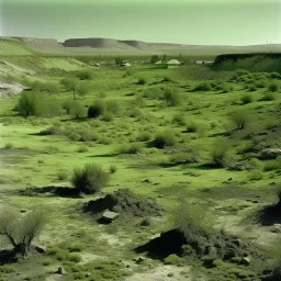 An olive green wasteland near an abandoned plague town painted by Andy Warhol