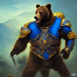 An angry bear warrior in blue and gold armor, background of Inka jungle, high detail, smooth, realistic, digital illustration, Artstation, artgerm,