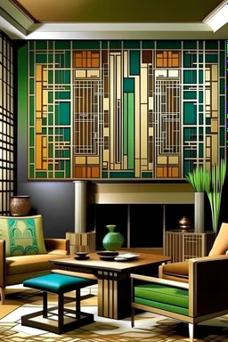 Create a handpainted WALL murala Design an art deco-inspired mural using squares to form intricate patterns and shapes. Opt for a sophisticated and luxurious color palette to capture the essence of the style.