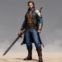 an agent of an intertemporal organization, journeys through the past and future to mend the fabric of time. Clad in a casual yet functional outfit, resembling loose jeans paired with a leather jacket or comfortable jogging attire. Despite the laid-back appearance, the character conceals cutting-edge high-tech equipment cleverly disguised within a few medieval tools. A musket transformed into a futuristic weapon, a rugged backpack housing advanced gadgets, a flask concealing potent elixirs for su