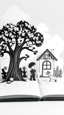 A children 3D Pop-up story book of a house and a boy with a tree and puppy in black and white only the clouds are blue