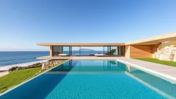 Minimalist Beach House: "A single-story house with large windows offering panoramic ocean views, built of light wood and concrete, with an infinity pool that blends into the skyline."