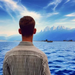 Man from behind is watching on tbe Lake Garda in Italy