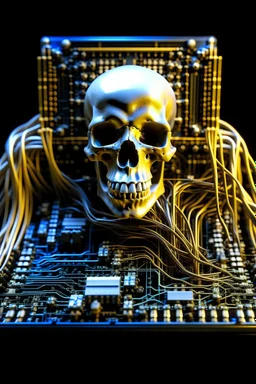 A computer chips and electronic components are connected by neurones human skull with tube to a live sustaining system