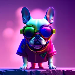 pixar style anamorphic cute frenchie baby, smiling, cyberpunk sunglass, gangsta gold neckless, full body, magenta puffer jacket, manila city backdrop, dramatic lighting, hyper realistic, unreal engine 5, 16k