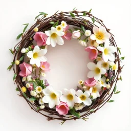 A hyper-realistic photograph of spring flowers and willow branches arranged in a wreath, top view composition, natural and soft mood, photorealistic style, macro photography, neutral background, diffused natural lighting, pastel and fresh tones, ultra high resolution --ar 16:9