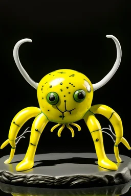 A pale greenish yellow lightning elemental spider designed in Maori sculptures painted by Joan Miro