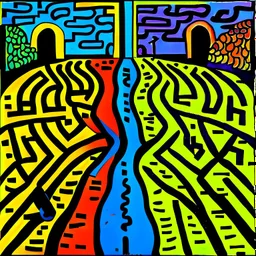 two roads diverged , art, oil colors, bright, keith haring, picasso, masterpiece