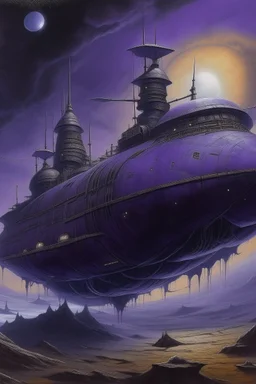 A purple haunted spaceship with ghostly music notes painted by Caspar David Friedrich