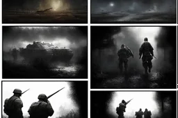 Masterpiece1:5)(Fineart), (award-winning:1.5), highest quality, (ultra realism:1.5) war journalism(,(by Tim Page and Hoorst Faas:1.5))(photorealistic:1.8), (Eastern Ukraine:(panel one:the moment after a battle ends, horrors of war, wounded men),(2nd panel, cinematic shot of men sitting in trench with 1000 yard stare (focus on their eyes:1.5)),(the third panel shows troops tired but hyper alert), (the fourth panel shows the sky is filled with incessant, fire and smoke,)