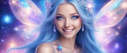 beautiful bright fairy cosmic women with cosmic long straight hair, crystal jewel and dressed with a magic crystal suit. she has light make up and a sweety smile.