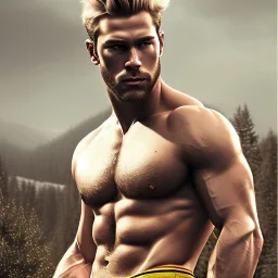 Ignore NSFW, teenager young rugged attractive slightly muscular fantasticly handsome blonde man, red briefs with yellow belt, hairy chest, (((visibly pisssing))) briefs, large erect visible boner peniss, photorealistic, artist Jay Anacleto, soft lighting, scruffy beard