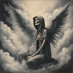 women sitting forward Her face turned upwards and blows cigarette smoke from their mouth. It depicts a figure with wings emerging from its back. a hooded skeleton can be seen behind the clouds of smoke.