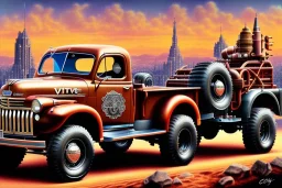 a true-to-life 1946 Dodge Power Wagon, classic wheels, centered, intricate, extreme detailed, photorealism, center view, city background, pivot on dodge, pen and color marker painting by cheryl kelley