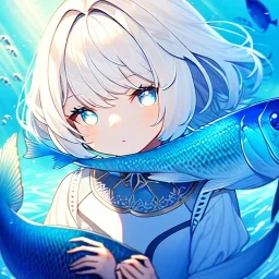 fish princess, big dreamy eyes, beautiful, intricate, colored hair, symmetrical, emotionless, long white hair, short, cute, small girl, three Girl, hair blue, short hair, sueter,