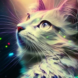 A portrait of a crystalised cat big good drawled hands, atmospheric, realistic, unreal engine cosmic galactic, cinematic lighting, octane render, yellow blue colors, transparent, cosmic ambiance, masterpiece, art by Yoji Shinkawa, composing fit inside