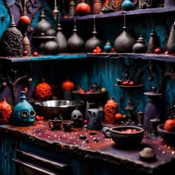 Detailed creepy haunted kitchen made of modeling clay, naïve, Tim Burton, strong texture, extreme detail, Max Ernst, decal, rich moody colors, sparkles, Yves Tanguy, bokeh, odd