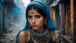 android afghan girl photography by Steve McCurry in cyberpunk style,cyberpunk urban scenery,150mm,dlrs,robotic parts,beautiful neon soft light,bioluminescent tattoos,vibrant details,explicit soft mist,beautiful masterwork by head of prompt engineering