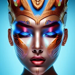 3D close-up of a beautiful Ramsses king, high contrast, glowing backlighting, blue and red backlighting, vibrant hair, dark brown eyes, sharp focus, high makeup, face painting, background blur.