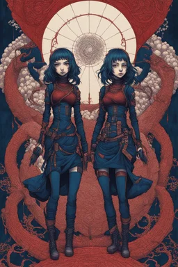 cyberpunk full body, 2 girls huge and petit, in symetric illustration by <Katsushika Hokusai><John Kenn Mortensen>, darkred tones, darkblue tones, hyperdetailed,