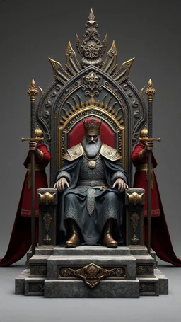 3D rendering of kris kuksi throne. A king setting on the throne, two guards behind the throne with sword