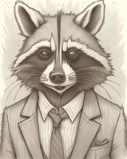 rugged, disheveled raccoon in a suit and tie, pencil drawing, emphasize realism, Walt Disney style, vintage, mischievous