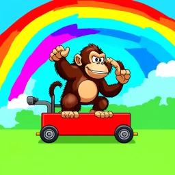 vector Cartoon Donkey Kong riding a rainbow in a cart