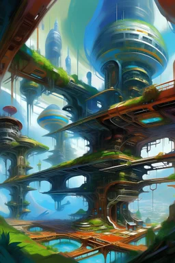 Explore the intersection of nature and technology in a futuristic landscape, depicted in a high-quality oil painting with vivid colors and intricate details