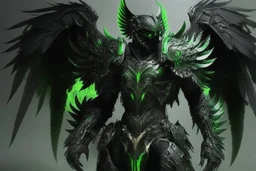 armadura negra y verde de alas de angel luchando con bestias