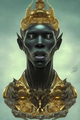 black male African alien, cracks in the voodoo head, wicked, diamond eyes, crown, blood, 8k, finely detailed, photo realistic, Boris Vallejo style turquoise skull head gold dragon space alien rain skeleton gold tooth silver helmet silver space suit spaceships