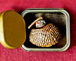 one oak acorn in tin box with note tied around