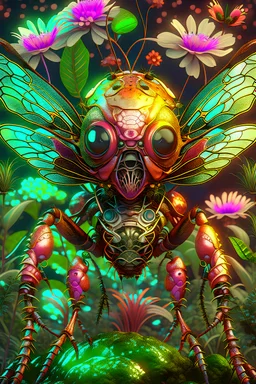 Expressively detailed and intricate 3d rendering of a hyperrealistic : ancient flying insect, avatar movie forest, surounded by flowers and plants, front view, symetric, artstation: award-winning: professional portrait: fantastical: clarity: 16k: ultra quality: striking: brilliance: amazing depth: masterfully crafted.