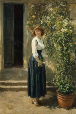 Night, one woman, house, vegetations, flowers, dirt, alfred stevens, and gustave caillebotte paintings