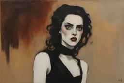 Painting of a Goth vampire girl, with highly detailed hair and facial features in the Expressionist style of Egon Schiele, Oskar Kokoschka, and Franz Marc, in muted natural colors